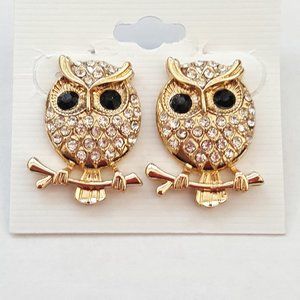 Gold Plated Austrian Crystal Owl Earrings on Posts
